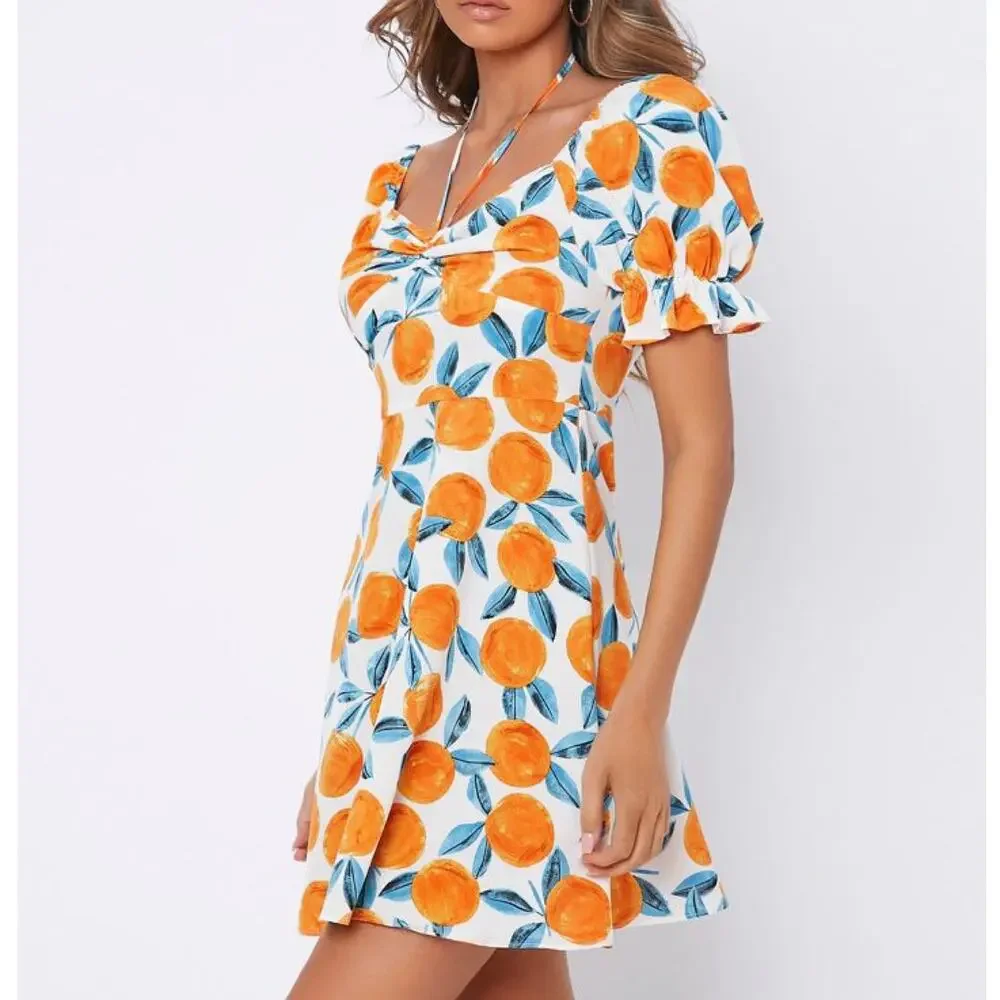 Shein Citrus Clementine Orange Puff Sleeve Mini Dress Medium Summer - Picture 9 of 10